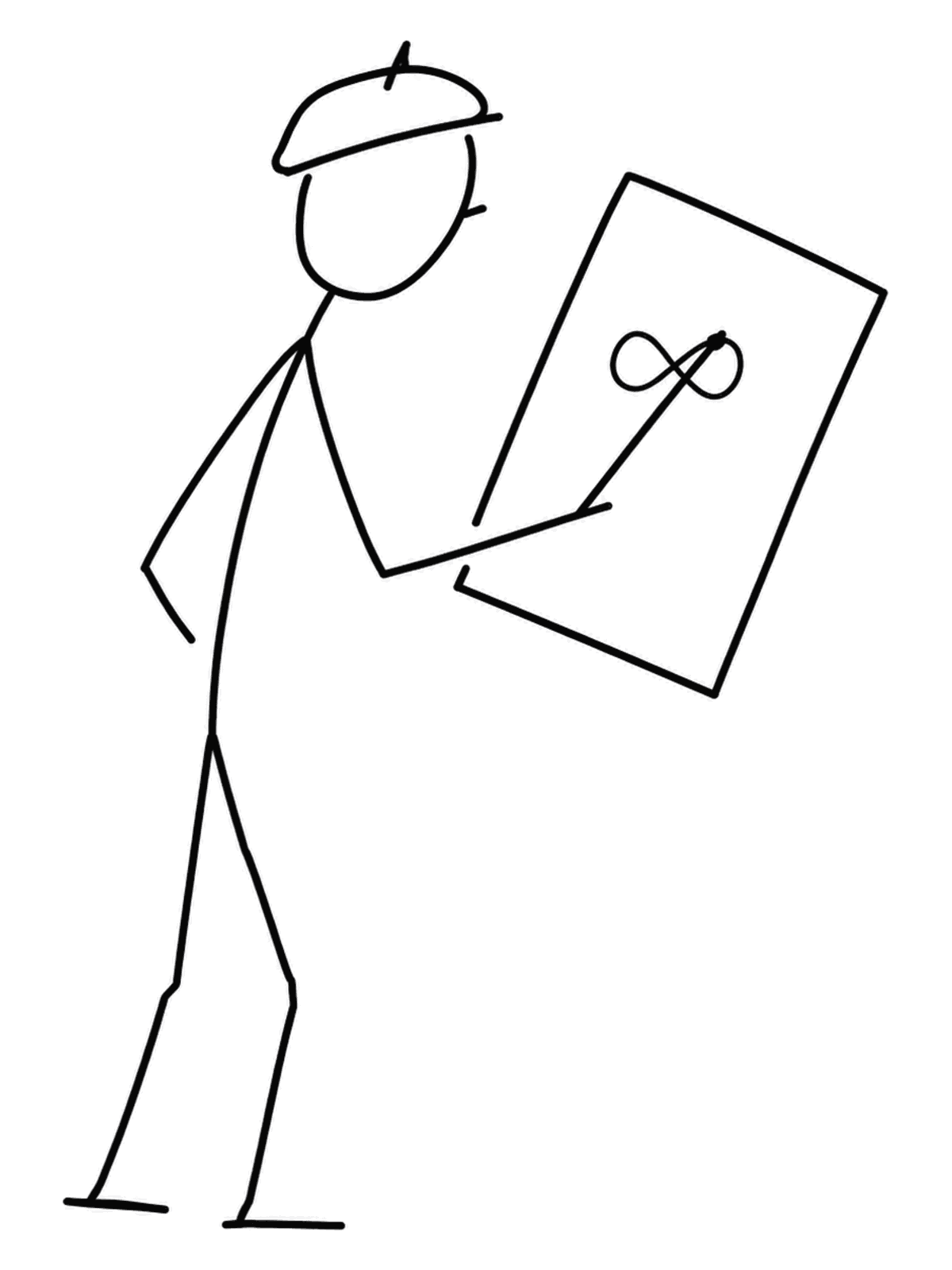 Hand-drawn stick figure in a beret carrying a canvas with an infinity symbol.