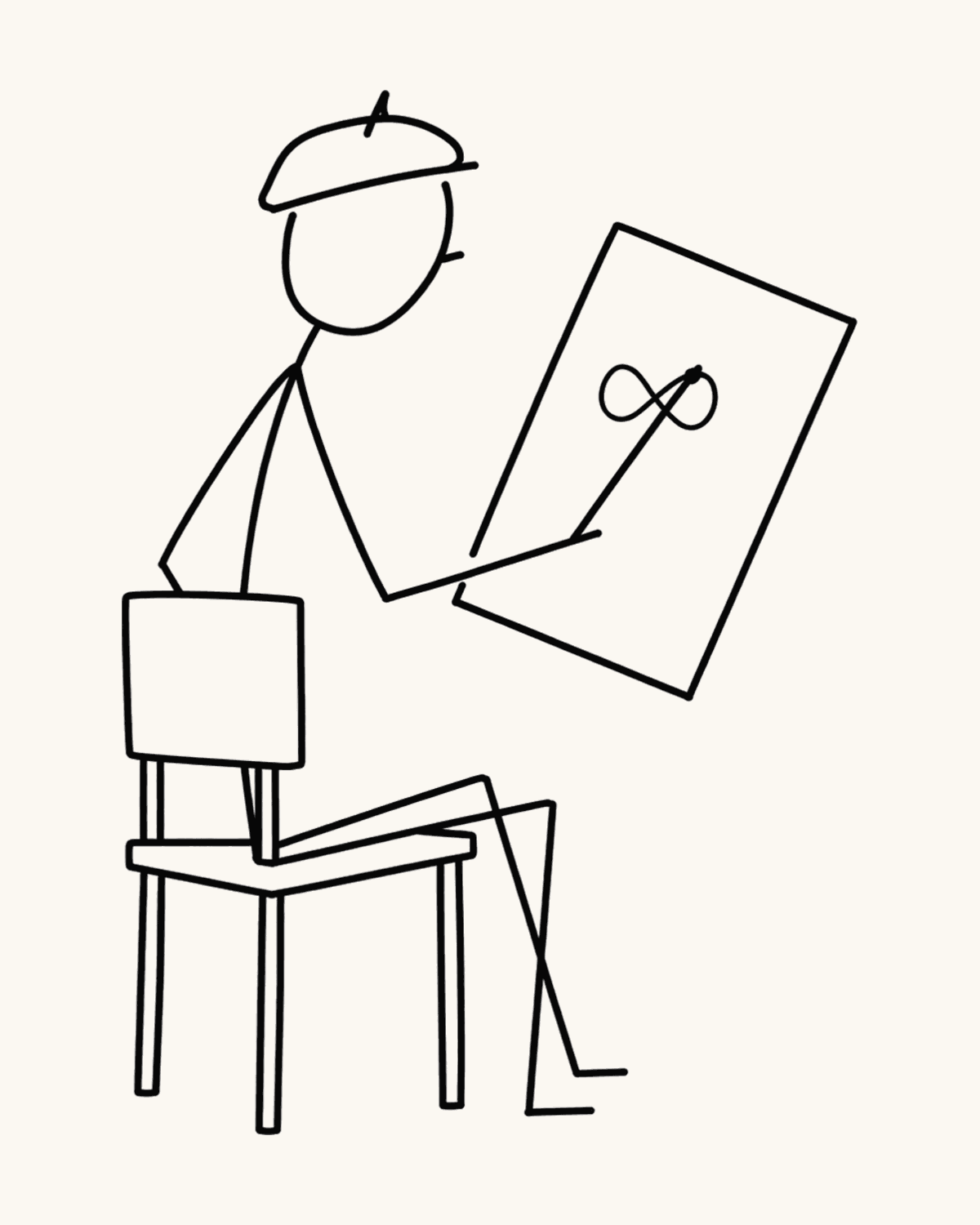 Hand-drawn stick figure in a beret, seated, drawing a canvas with an infinity symbol.